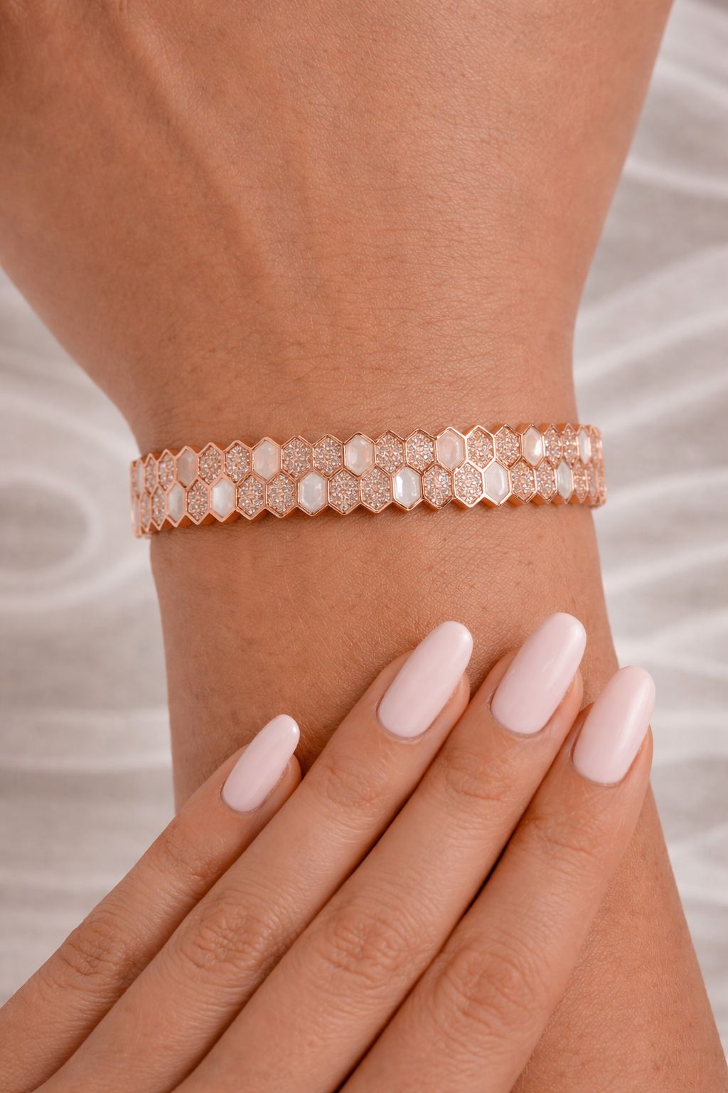 Premium Rose Gold Finish American Diamond and Mother of Pearl Hexa Openable Bracelet