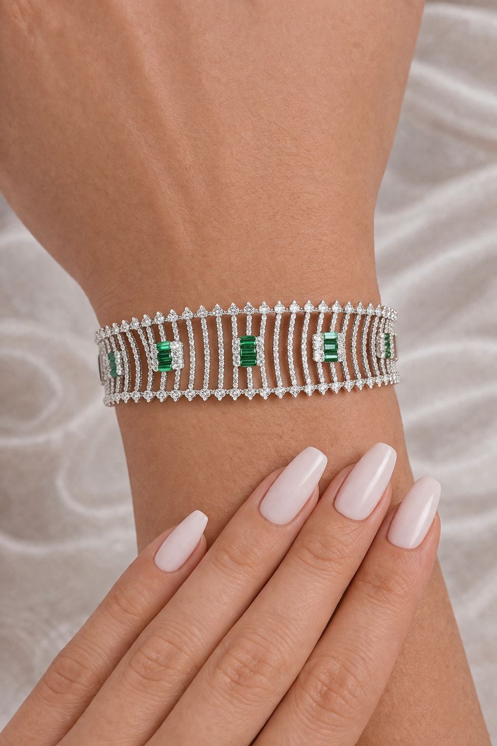 Premium American Diamond Jaal Bridal Openable Bracelet with Emerald Detailing