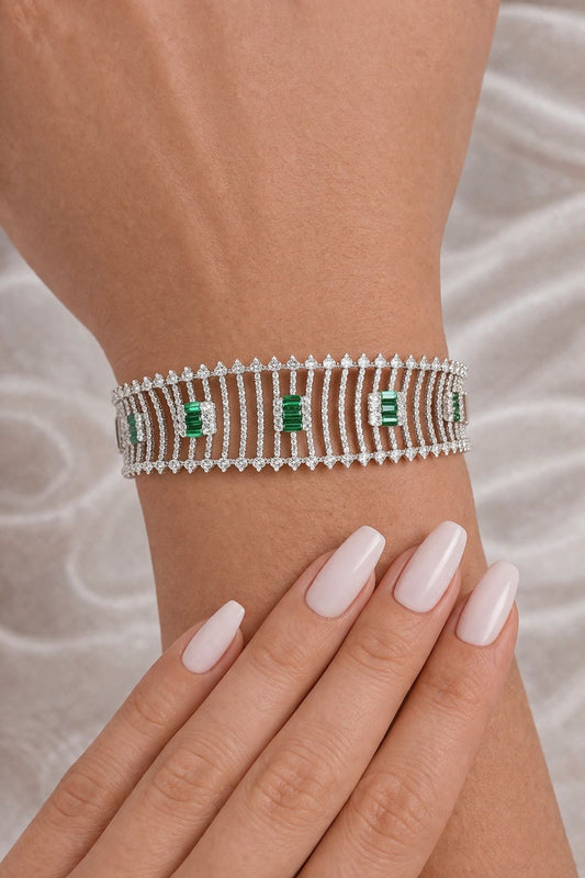 Premium American Diamond Jaal Bridal Openable Bracelet with Emerald Detailing