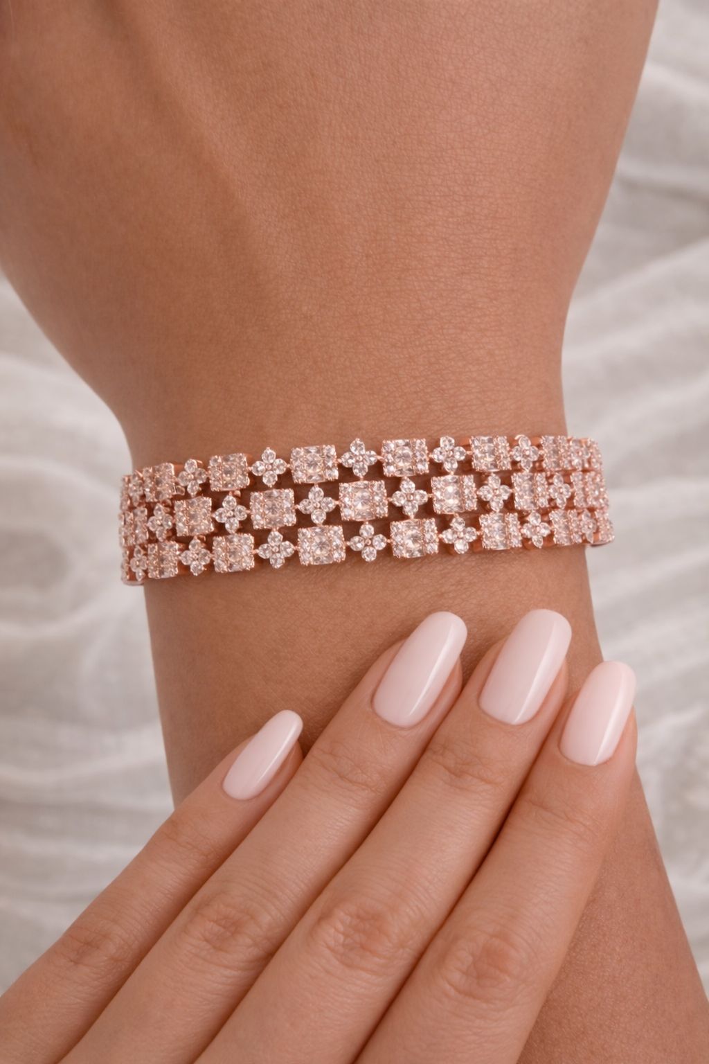 Premium Rose Gold Finish American Diamond Baguette and Round Cut Pressure Setting Broad Bridal Openable Bracelet