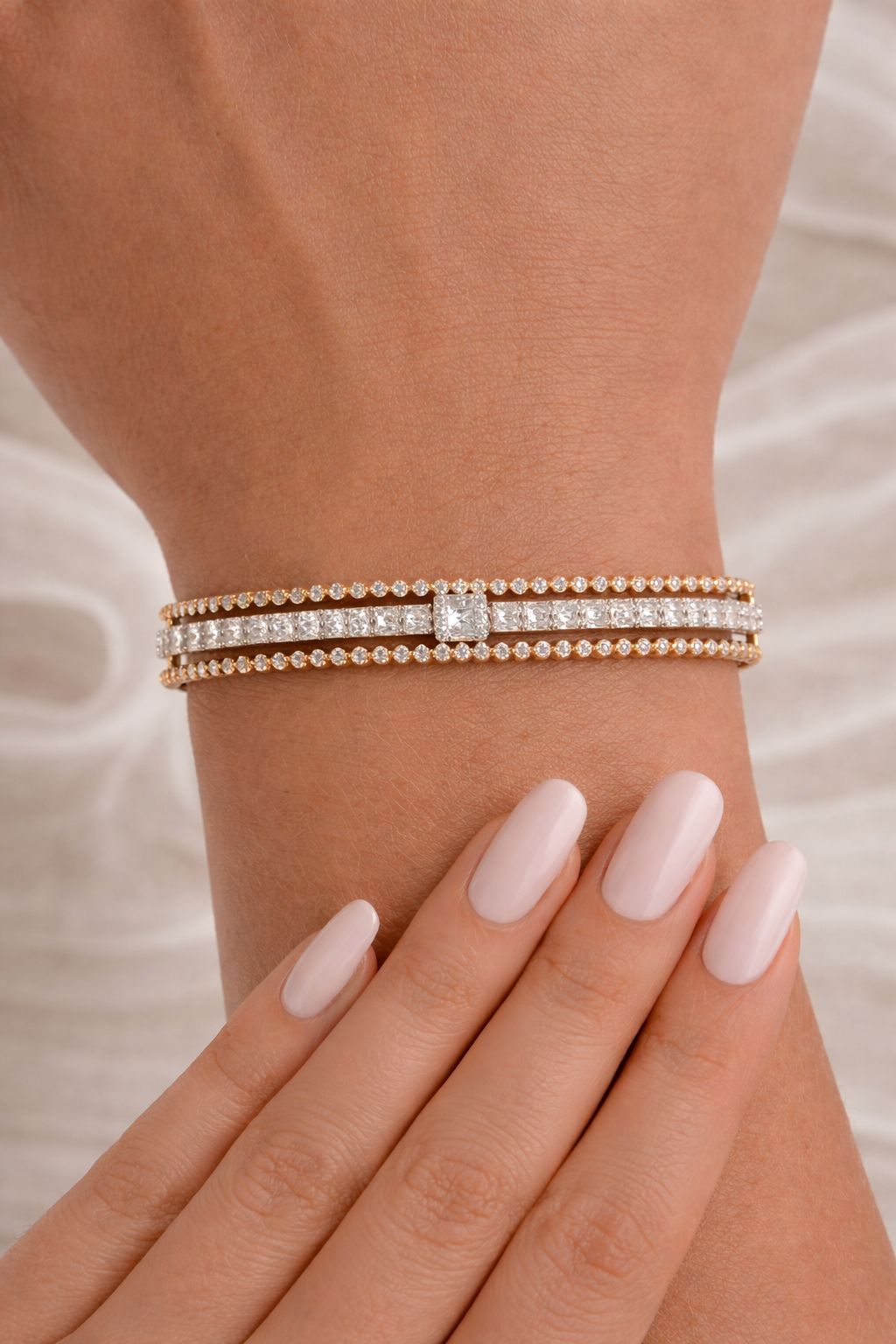 Gold Finish Premium American Diamond Baguette and Round Cut Openable Sara Kada Bracelet