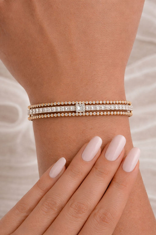 Gold Finish Premium American Diamond Baguette and Round Cut Openable Sara Kada Bracelet