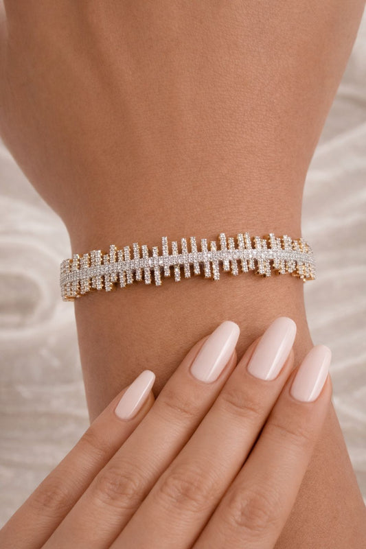 Premium Gold Finish American Diamond Zebra Openable Bracelet with Double Line Diamond Cluster