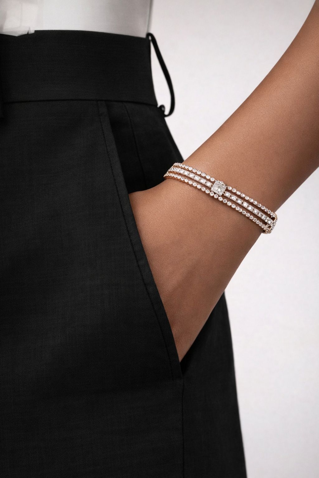 Gold Finish Premium American Diamond Baguette and Round Cut Openable Sara Kada Bracelet
