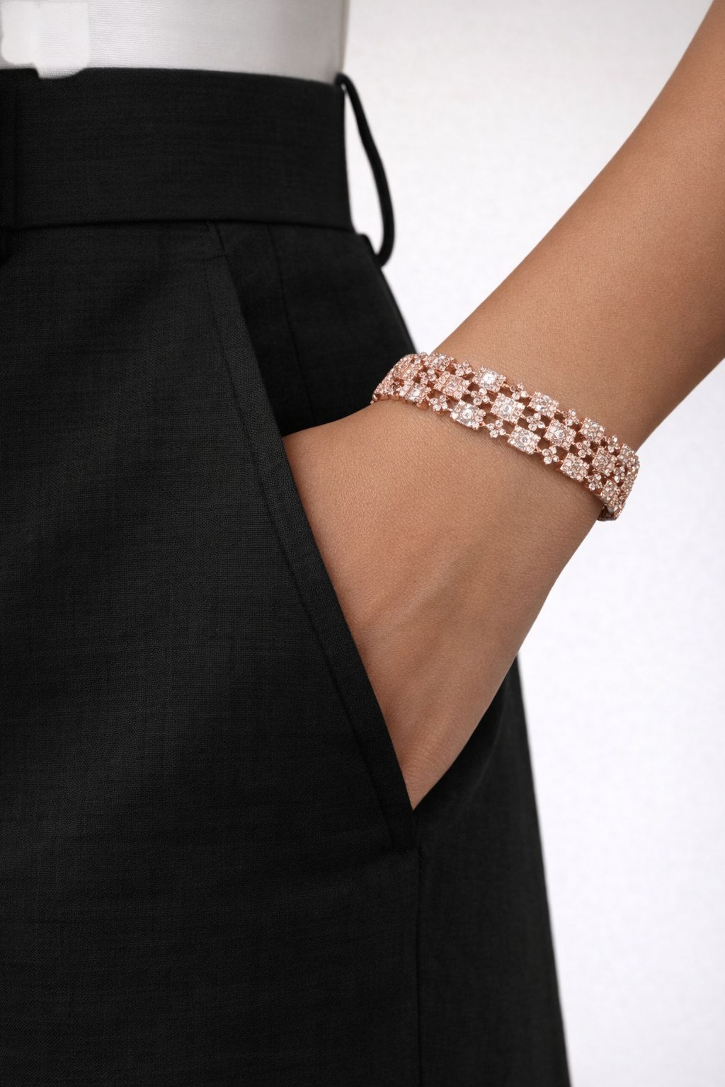 Premium Rose Gold Finish American Diamond Baguette and Round Cut Pressure Setting Broad Bridal Openable Bracelet