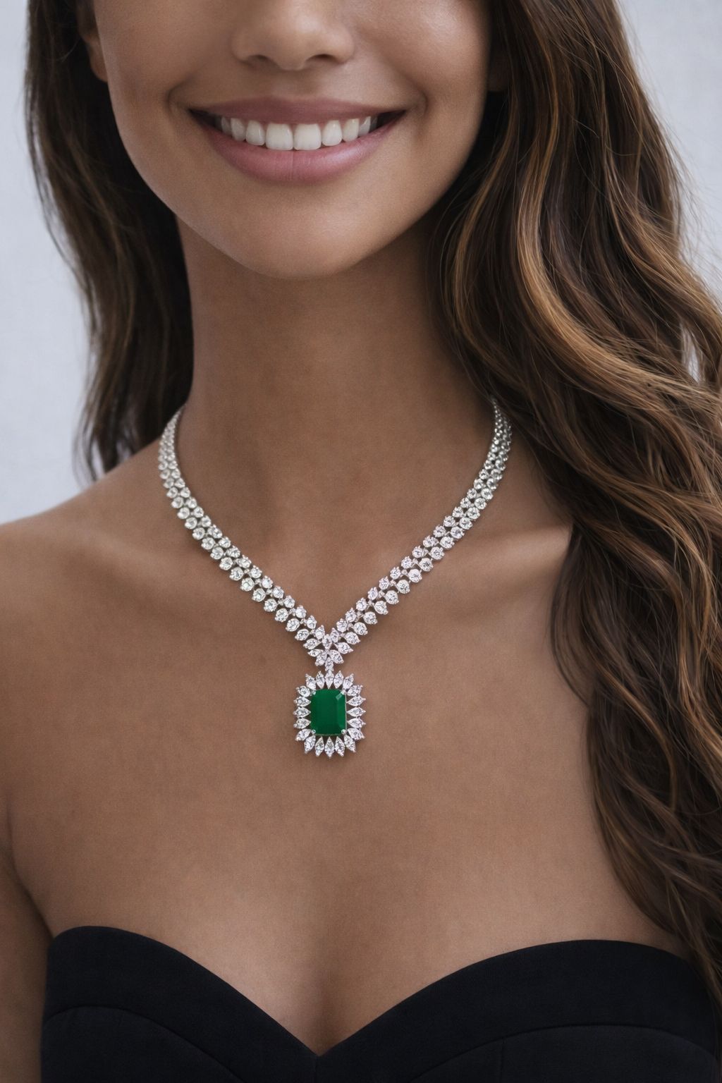 Premium Emerald and Marquise Diamond Monaco Necklace Set with Earrings