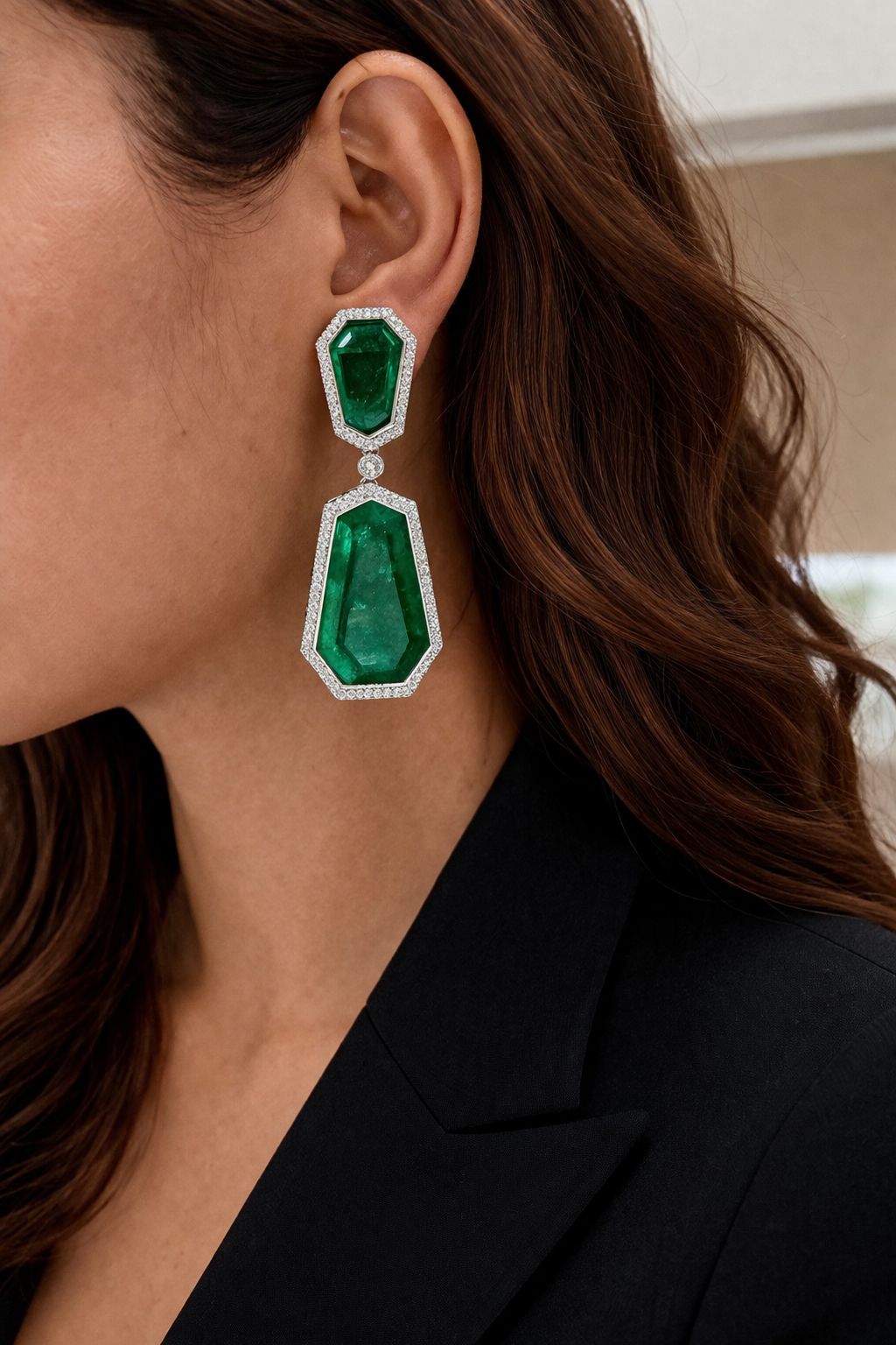Deep Green Geometric Long Party Earrings with American Diamond Border