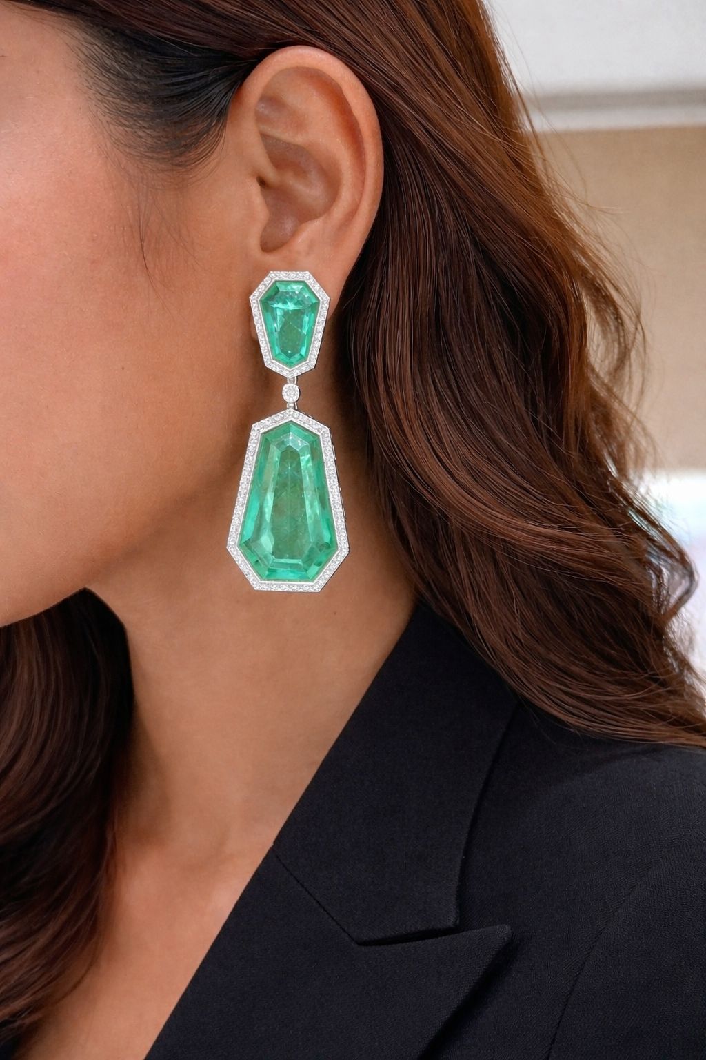 Sea Green Geometric Long Party Earrings with American Diamond Border
