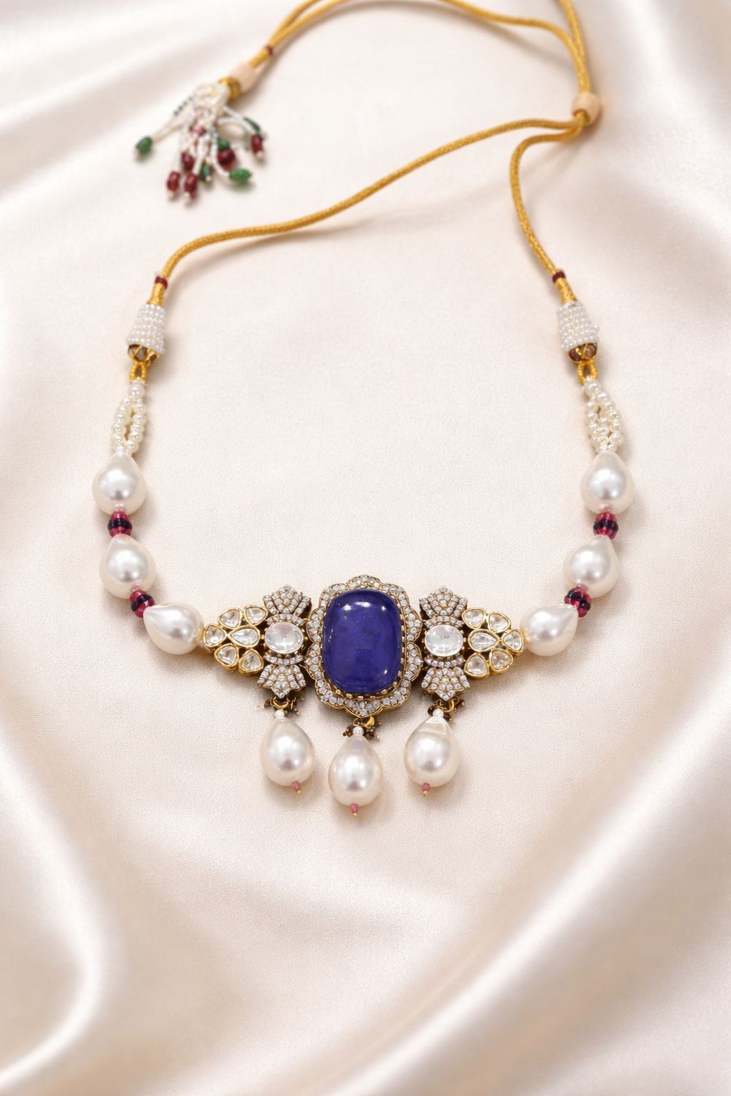 Blue Sapphire and Pearl Hydari Polki Bridal Choker