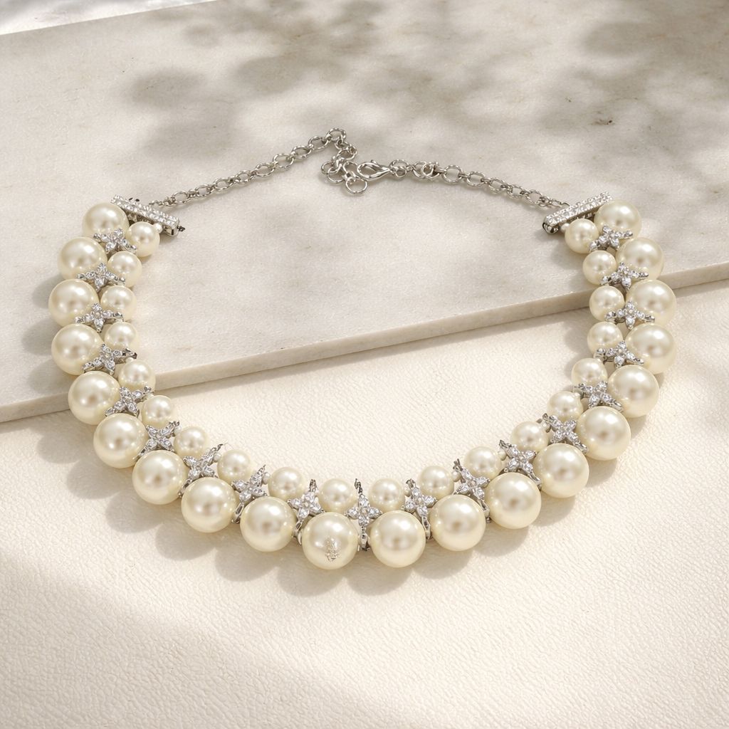 Double Line White Natural Fresh Water Peal Necklace Set with American Diamonds for Women