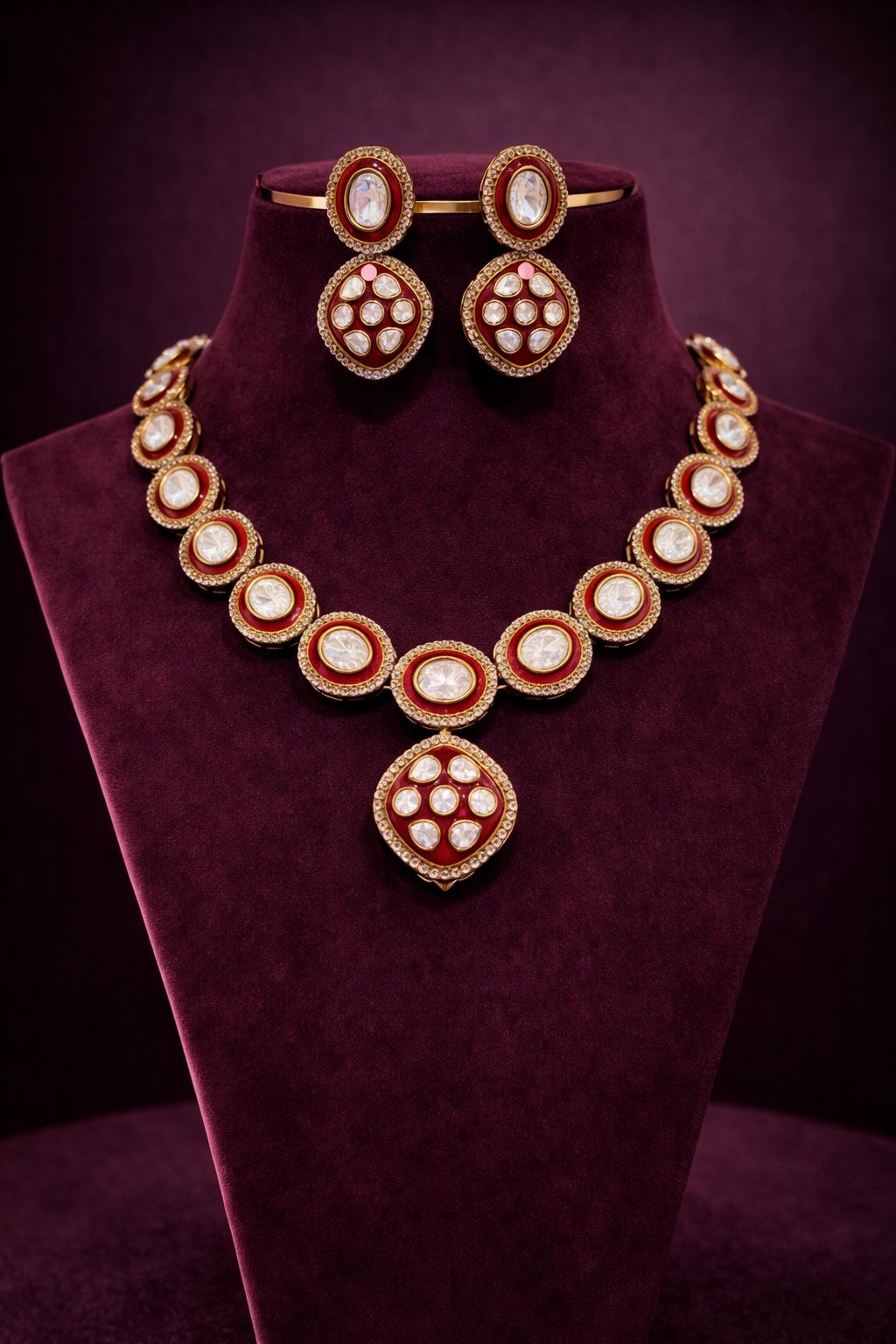 Ruby Enamel Polki Diya Bridal Necklace Set