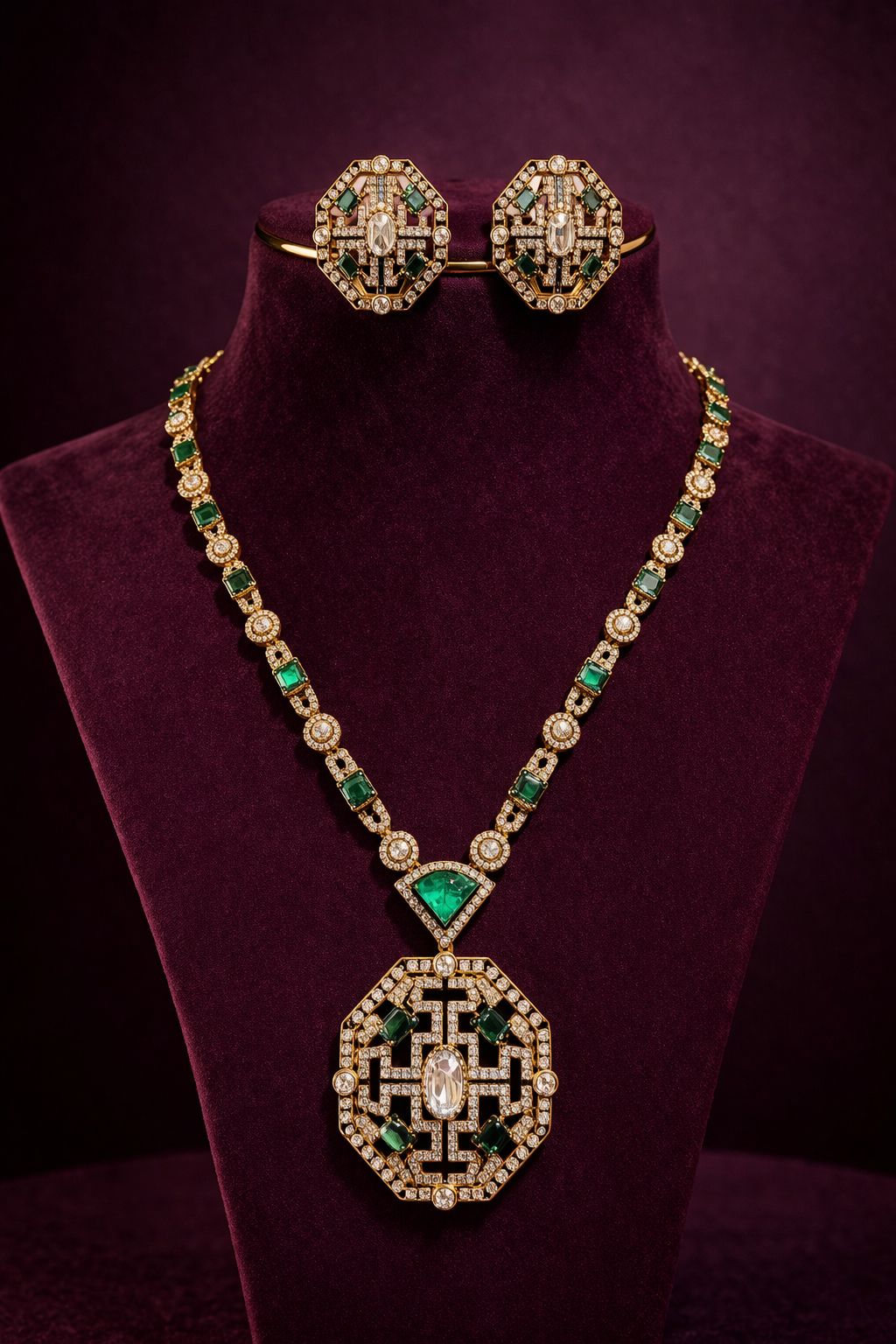 Antique Finish Victoria Emerald Polki and Diamond Necklace Set with Earrings