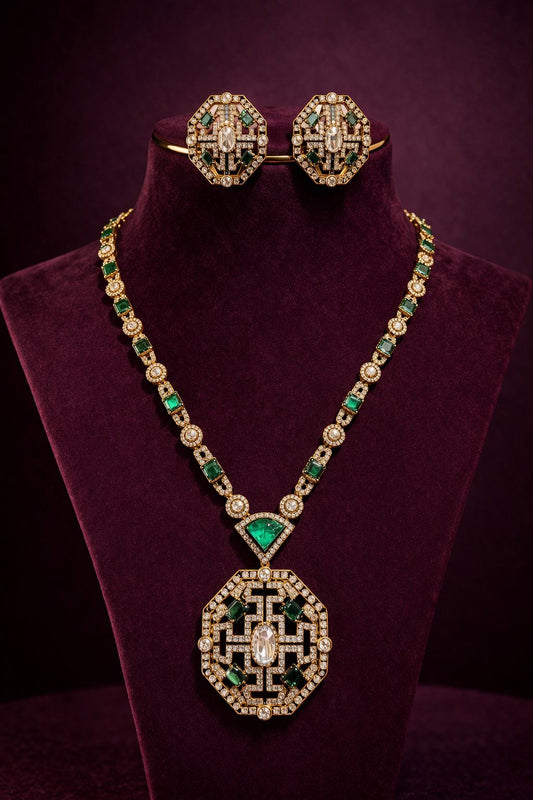 Antique Finish Victoria Emerald Polki and Diamond Necklace Set with Earrings