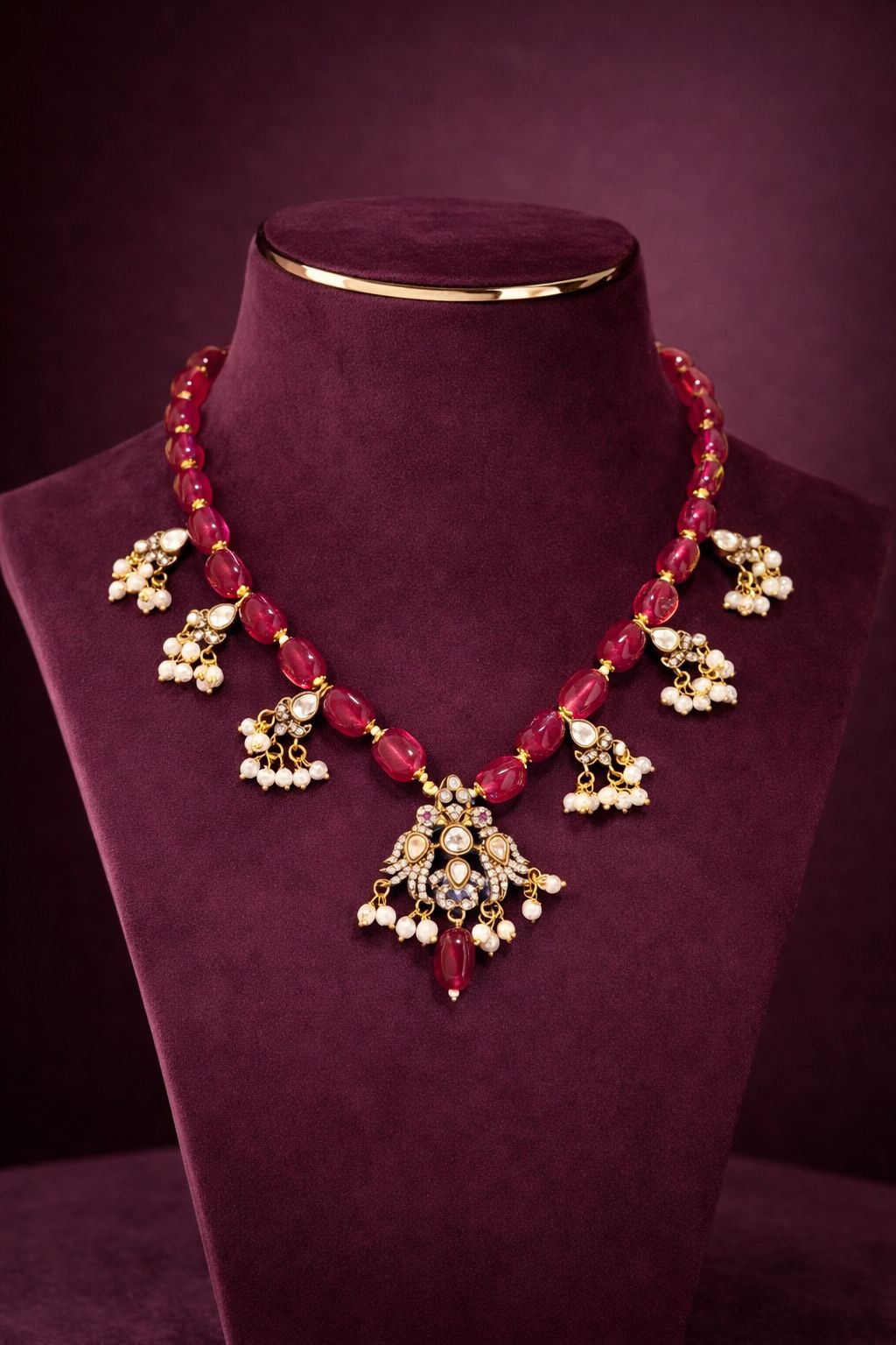 Antique Finish Temple Style Polki Ruby Gitanjali  Necklace Set