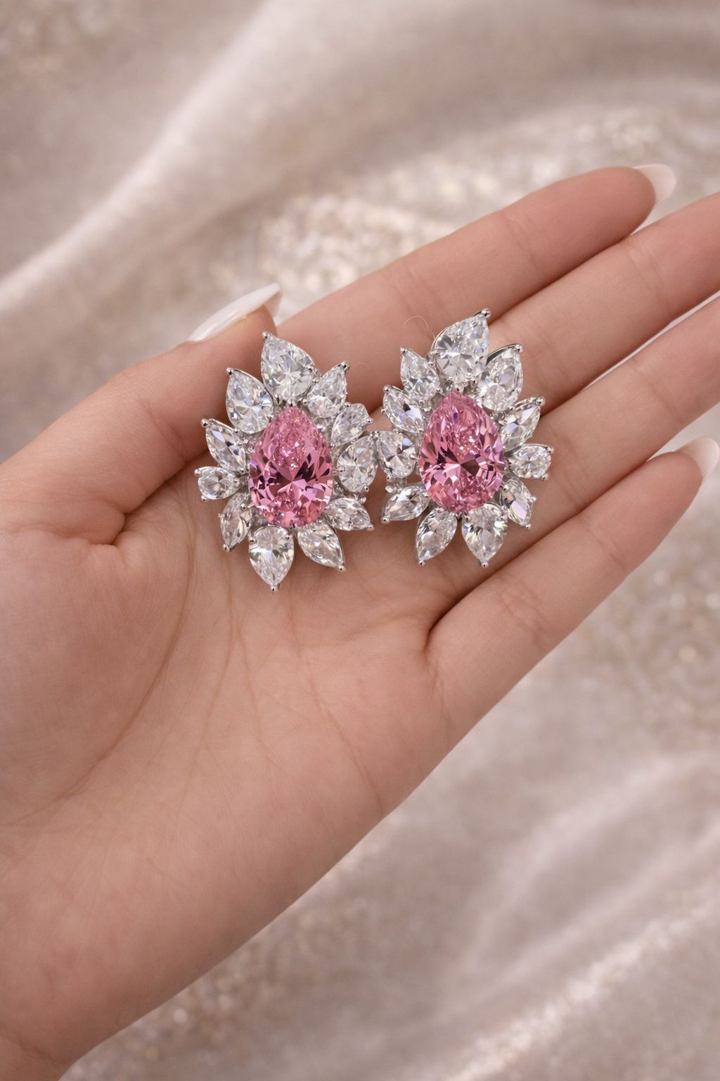Premium Pink Drop Diamond and Multi Solitaire Statement Party Stud Earrings for Women