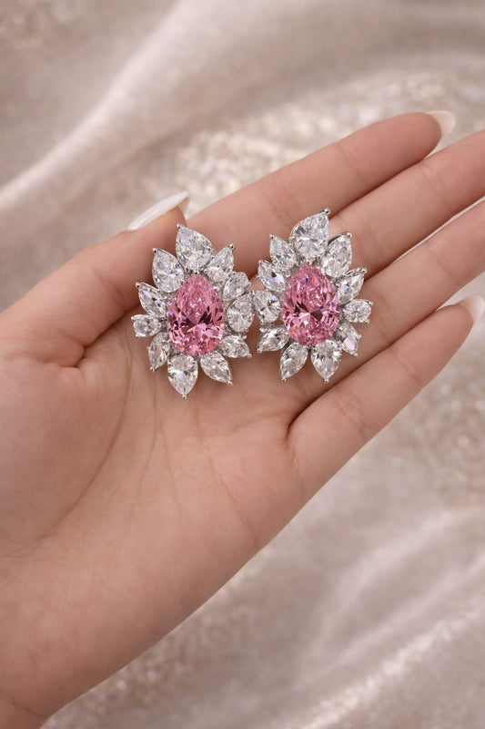 Premium Pink Drop Diamond and Multi Solitaire Statement Party Stud Earrings for Women
