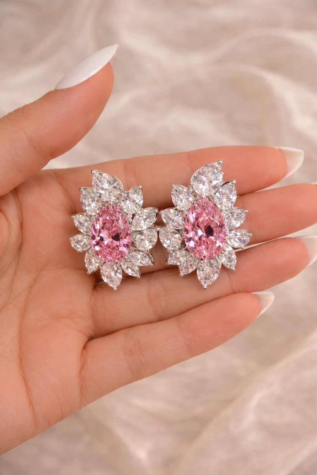 Premium Pink Drop Diamond and Multi Solitaire Statement Party Stud Earrings for Women