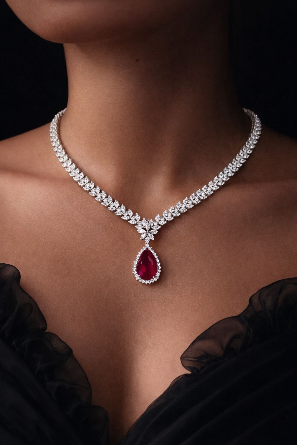 Premium Ruby and Marquise Diamond Beyonce Necklace Set with Earrings