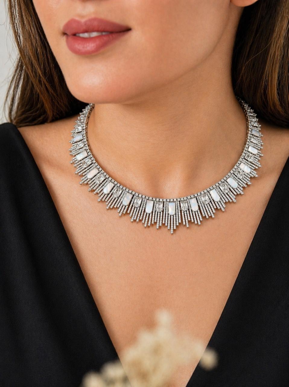 Premium Mother of Pearl and American Diamond Jonita Cocktail Necklace Set with Earrings
