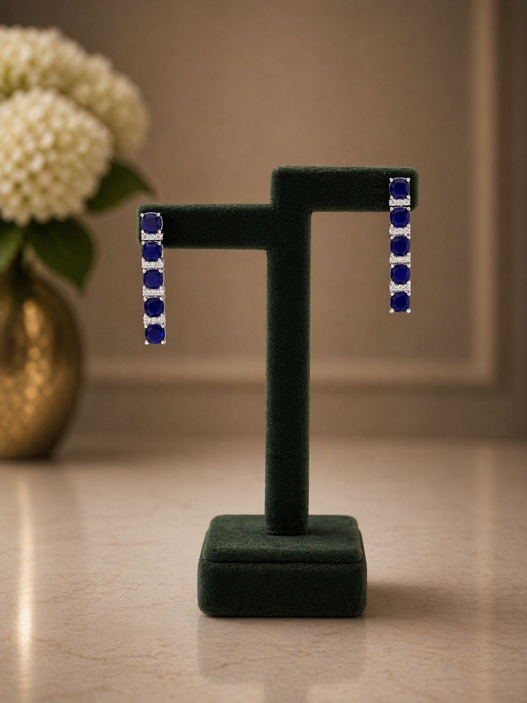 Premium Classic Blue Sapphire Solitaire String Necklace Set with Diamonds