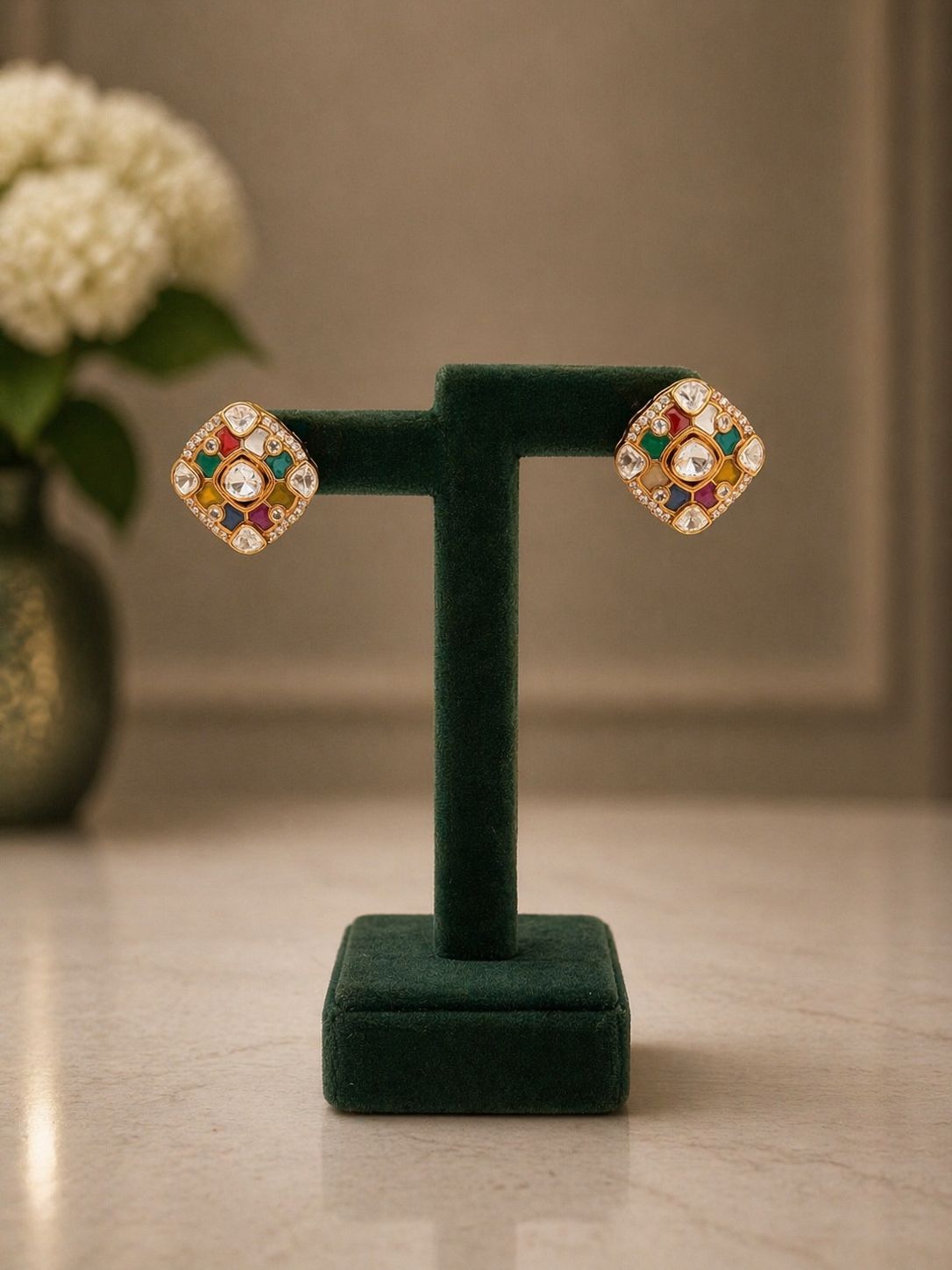 Navratna Polki Square Gold Finish Stud Earrings for Women