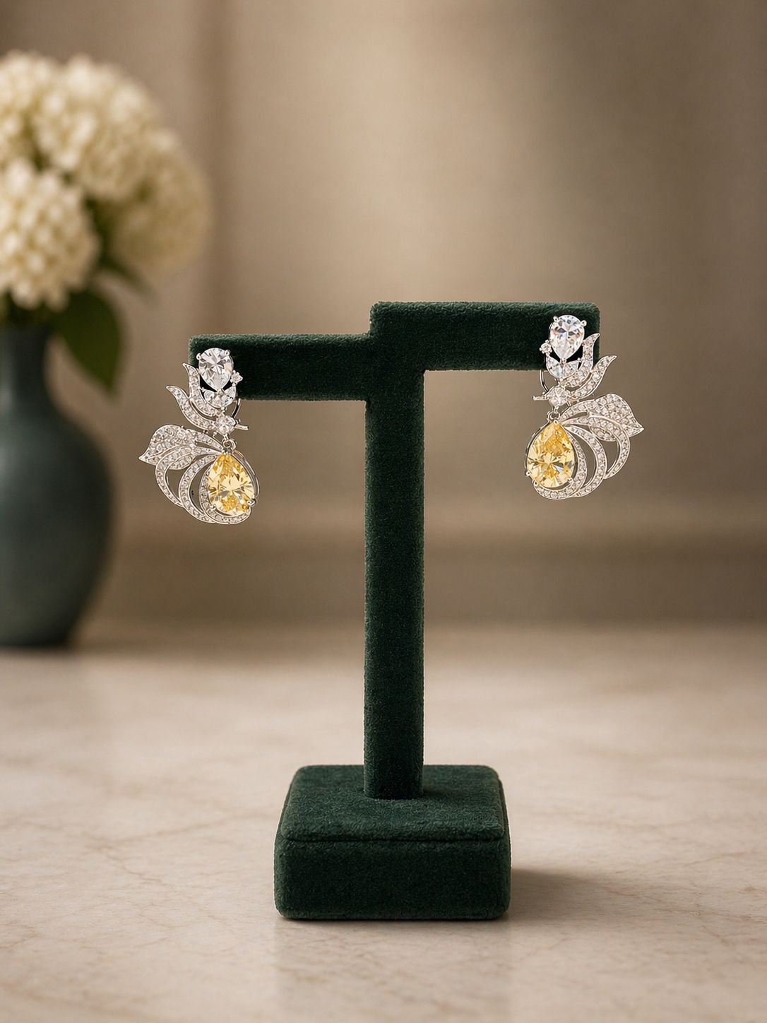 Premium Drop Solitaire Yellow Fire Diamond Statement Party Earrings for Women