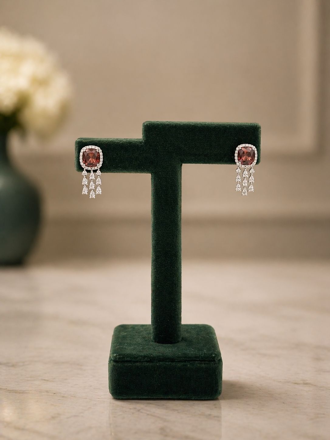 Deep Wine Cushion and Fancy Diamond Bridal Wedding Necklace Set with Earrings