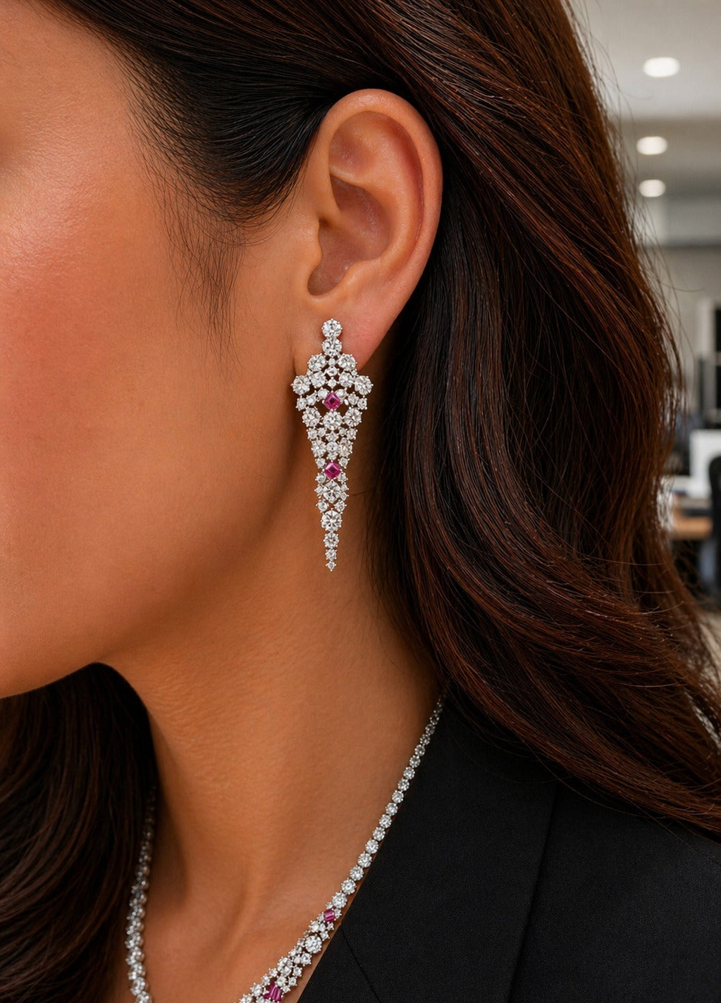 Premium Classic Ruby Cocktail Necklace Set for Women with Statement Earrings