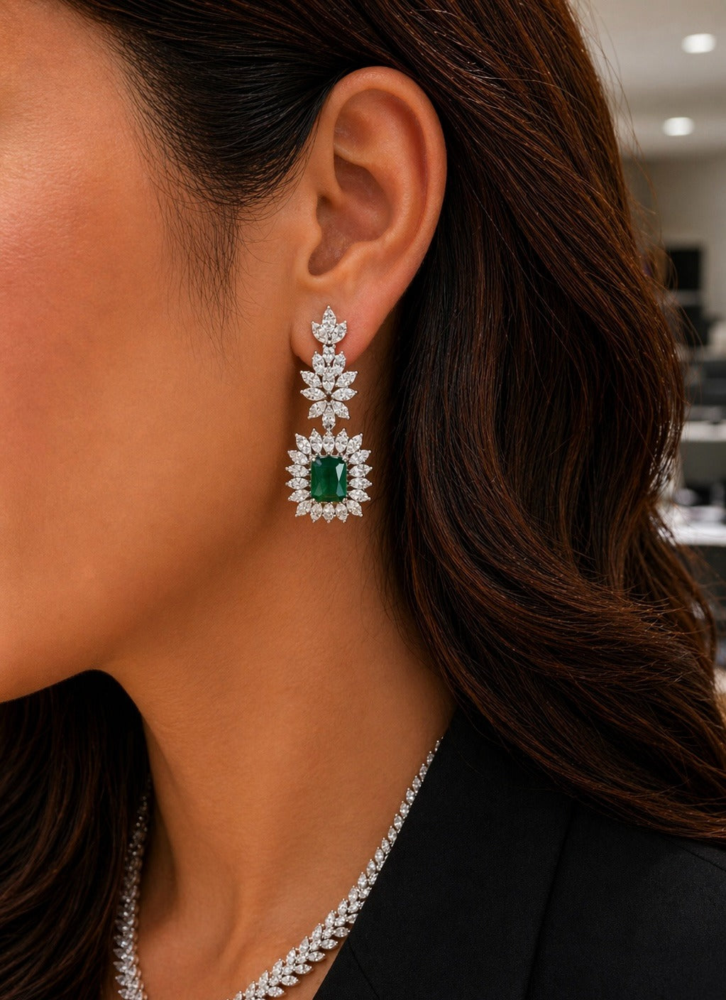 Premium Emerald and Marquise Diamond Monaco Necklace Set with Earrings