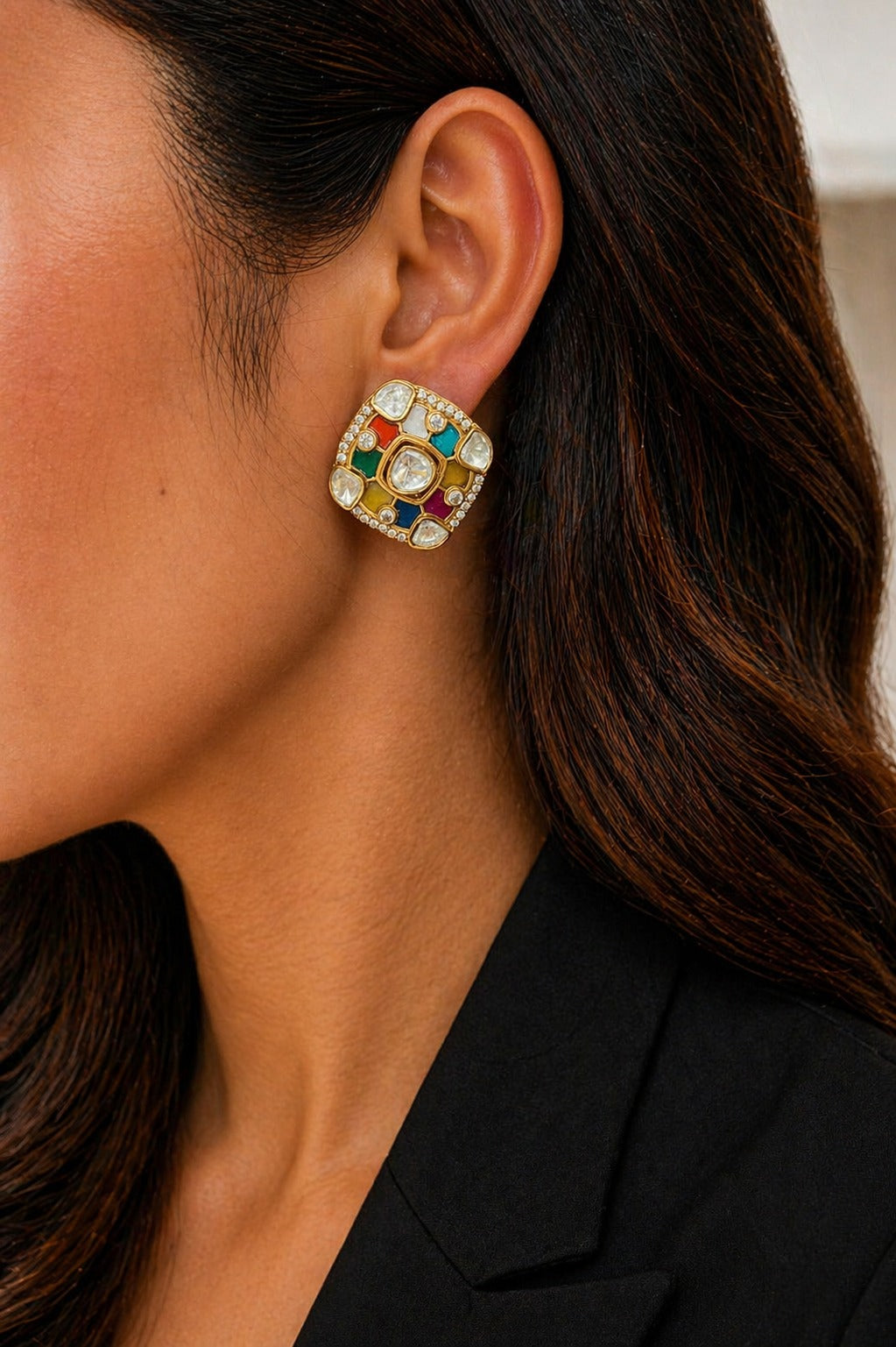 Navratna Polki Square Gold Finish Stud Earrings for Women