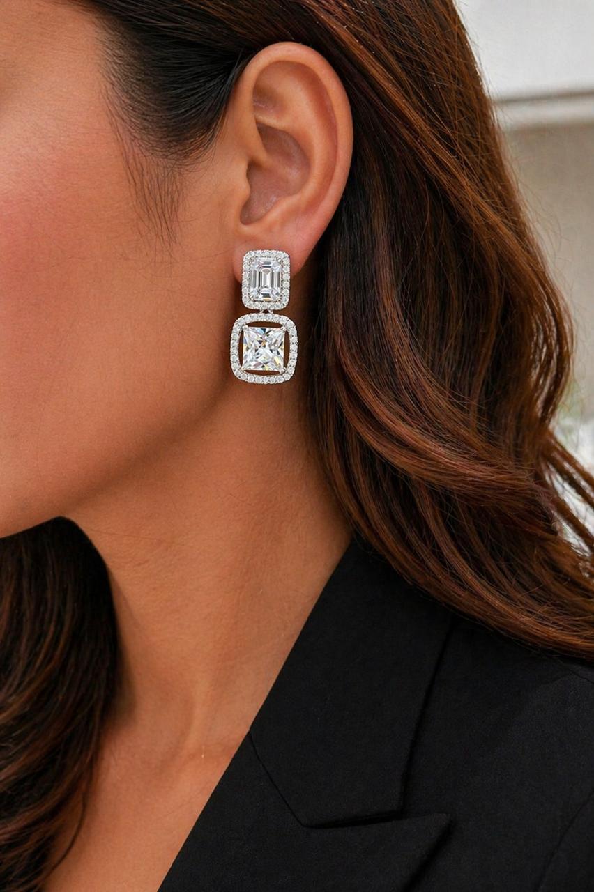 Premium Emerald Cut and Princess Cut Solitaire Double Layered Party Earrings for Women