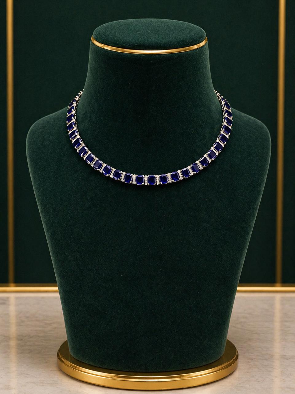 Premium Classic Blue Sapphire Solitaire String Necklace Set with Diamonds