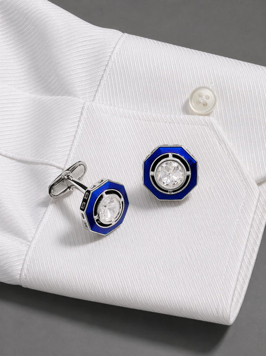Glazed Blue Enamel Bezel Setting Polki Mens Cufflink Pair