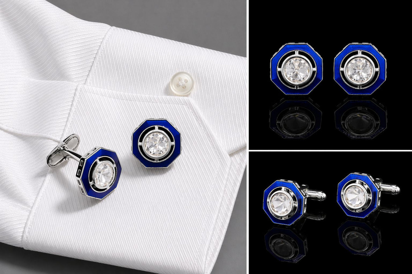 Glazed Blue Enamel Bezel Setting Polki Mens Cufflink Pair