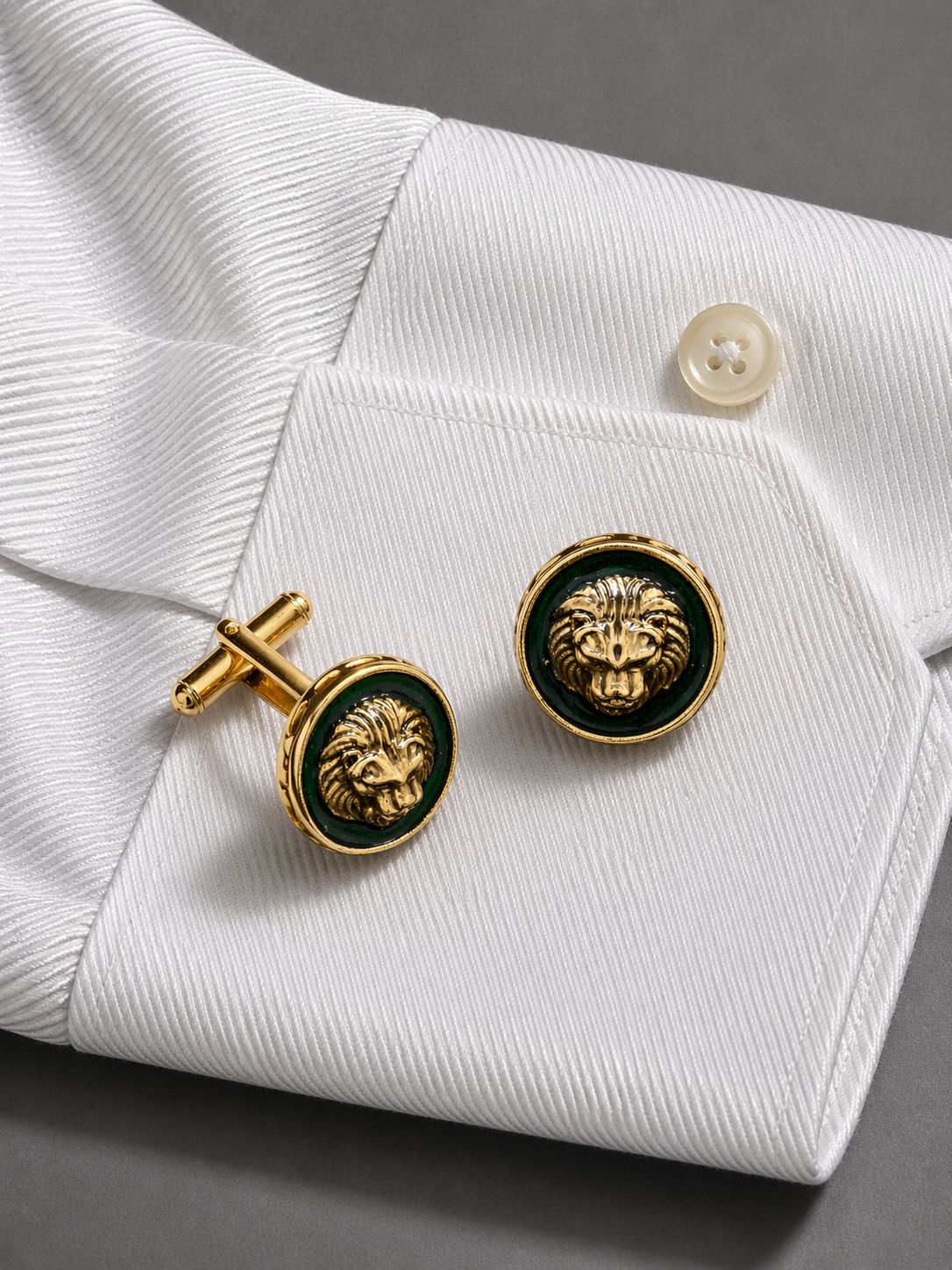 Green Enamel Lion Face Gold Finish Mens Cufflink Pair