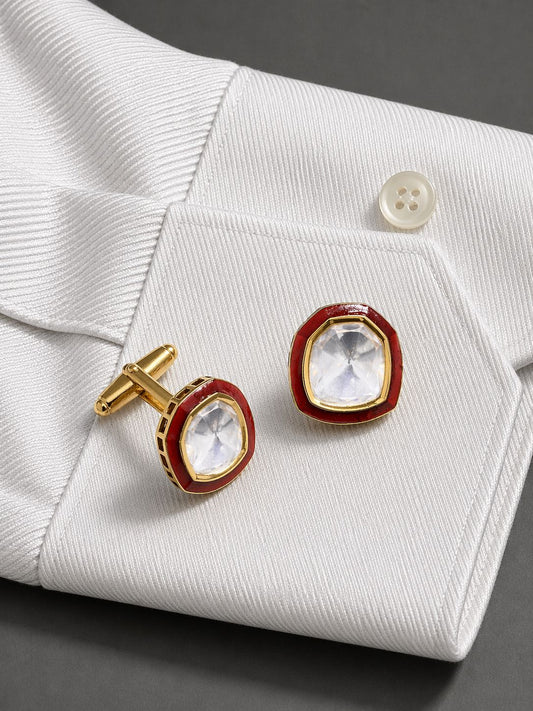 Glazed Red Enamel Gold Finish Polki Diamond Mens Cufflink Pair