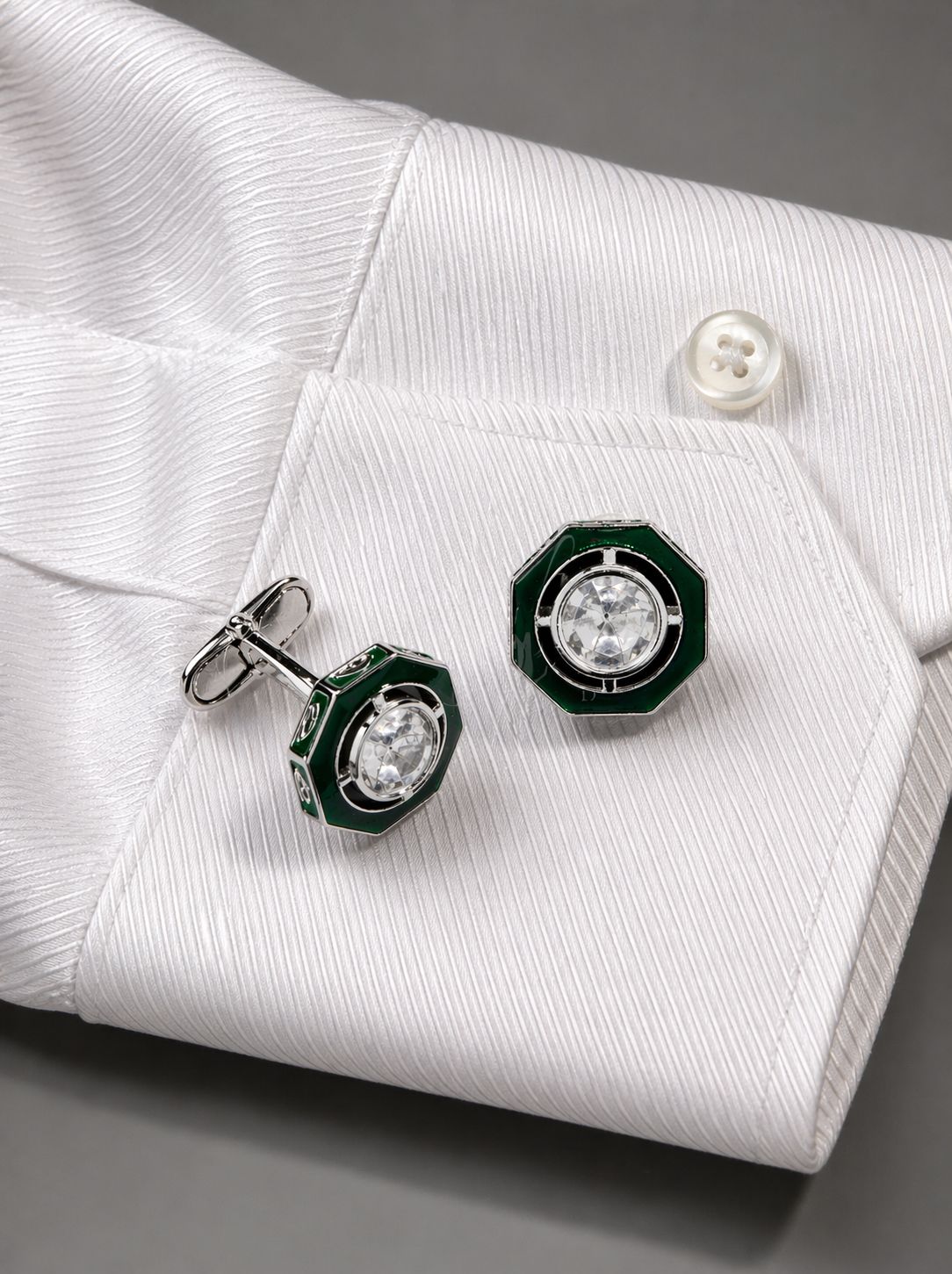Green Enamel Bezel Setting Diamond White Gold Finish Mens Cufflink