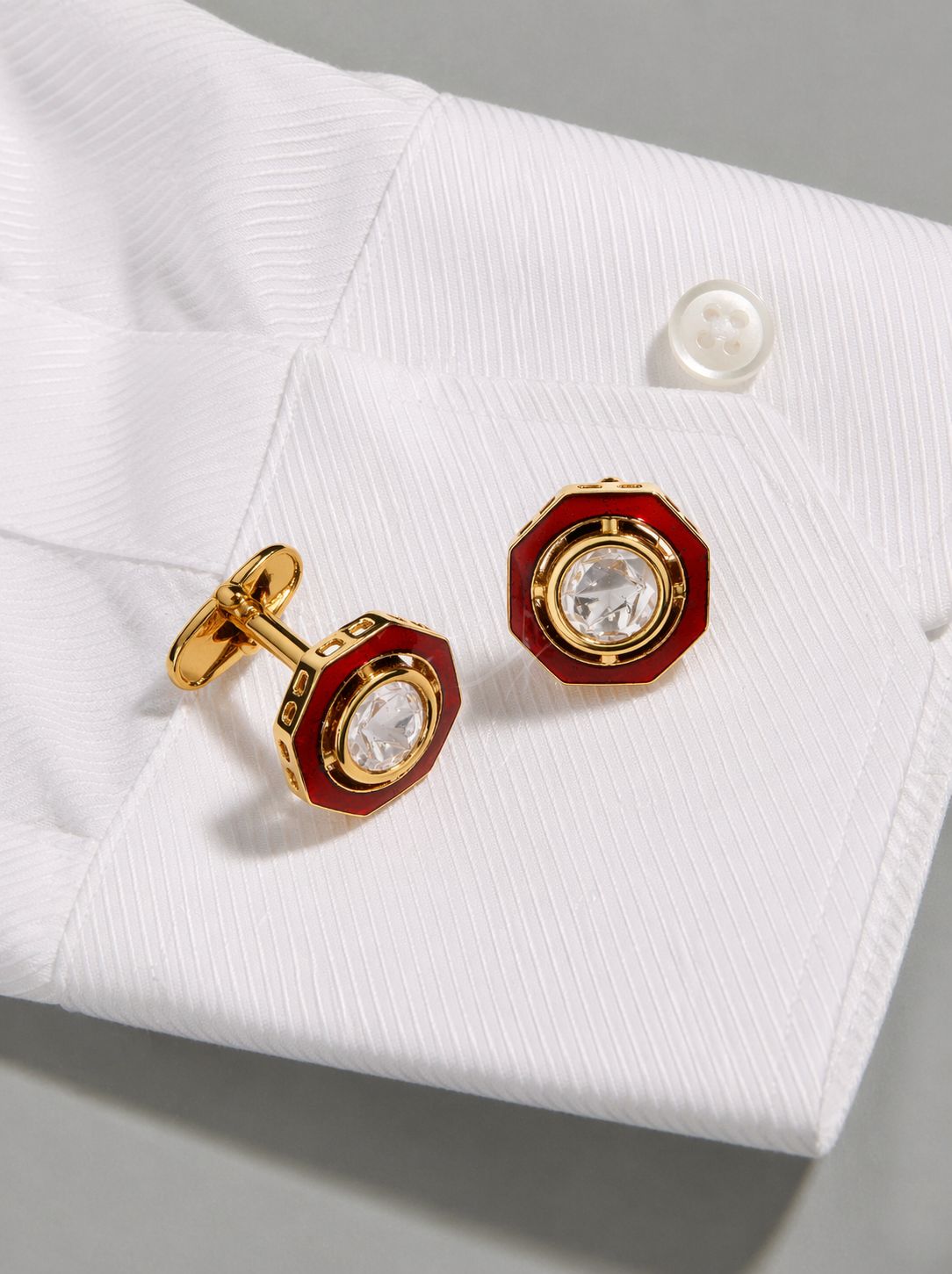 Red Enamel Bezel Setting Gold Finish Polki Diamond Mens Cufflink Pair