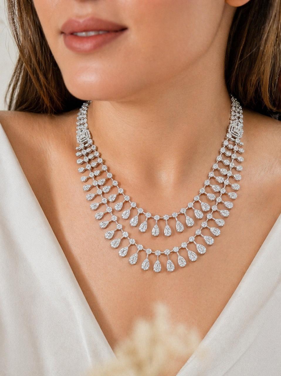Premium Double Layered Pressure Setting Drop Dora Necklace Set with Earrings
