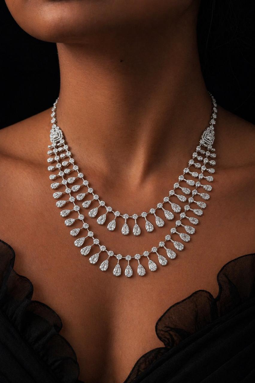Premium Double Layered Pressure Setting Drop Dora Necklace Set with Earrings