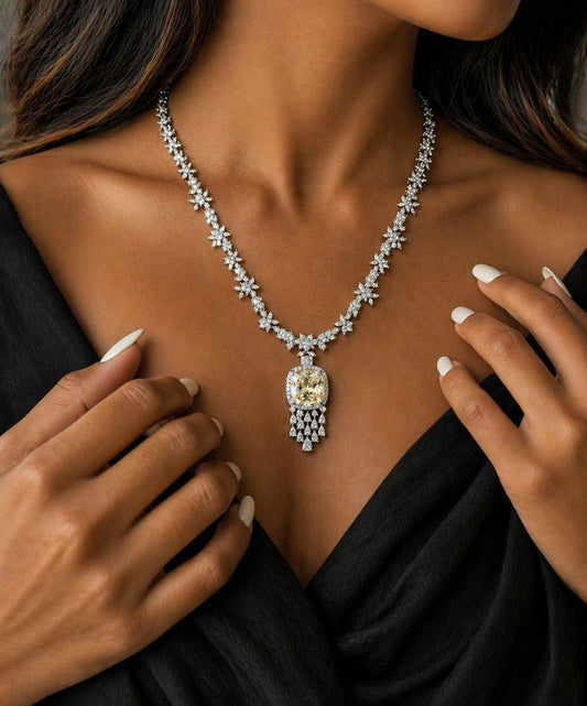 Yellow Cushion and Fancy Diamond Bridal Wedding Necklace Set with Earrings
