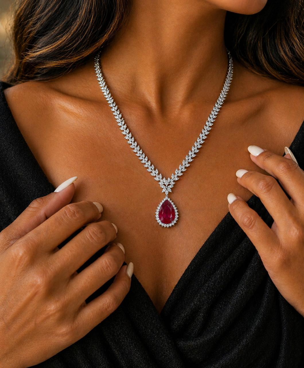 Premium Ruby and Marquise Diamond Beyonce Necklace Set with Earrings