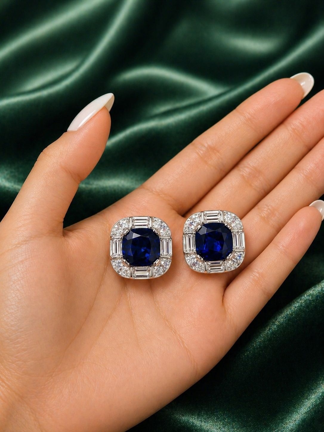 Premium Deep Blue Cushion Cut Statement Party Stud Earrings for Women