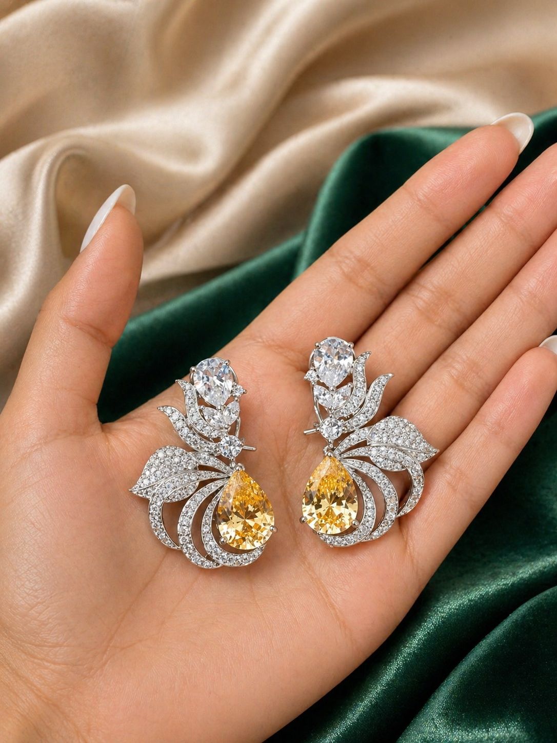 Premium Drop Solitaire Yellow Fire Diamond Statement Party Earrings for Women