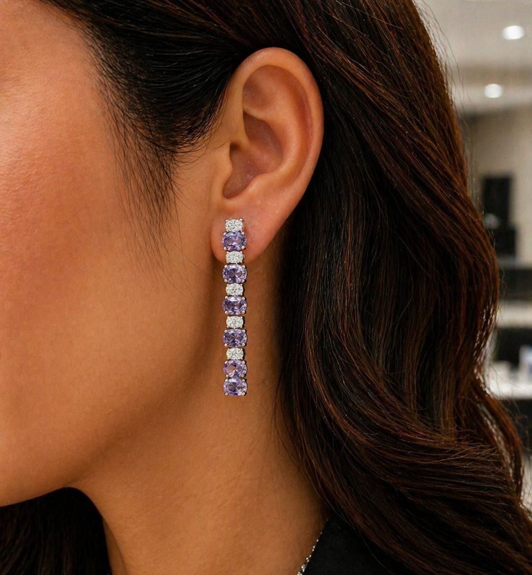 Premium Amethyst and White Oval Diamond Solitaire Classic String Necklace Set with Earrings