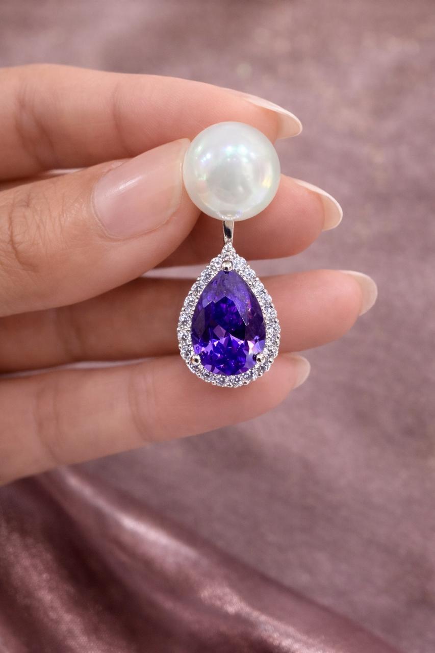 Detachable Pearl and Deep Blue Drop Solitaire Anti Tarnish Earrings for Women