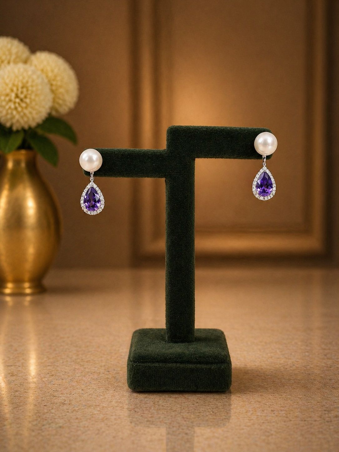 Detachable Pearl and Deep Blue Drop Solitaire Anti Tarnish Earrings for Women