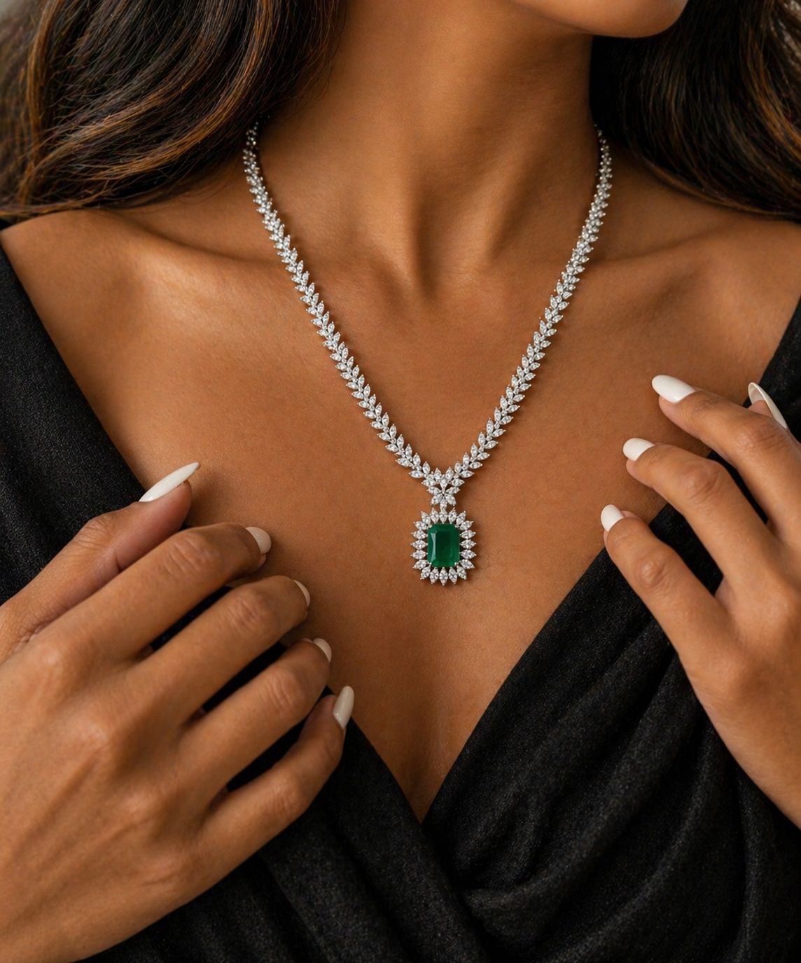 Premium Emerald and Marquise Diamond Monaco Necklace Set with Earrings