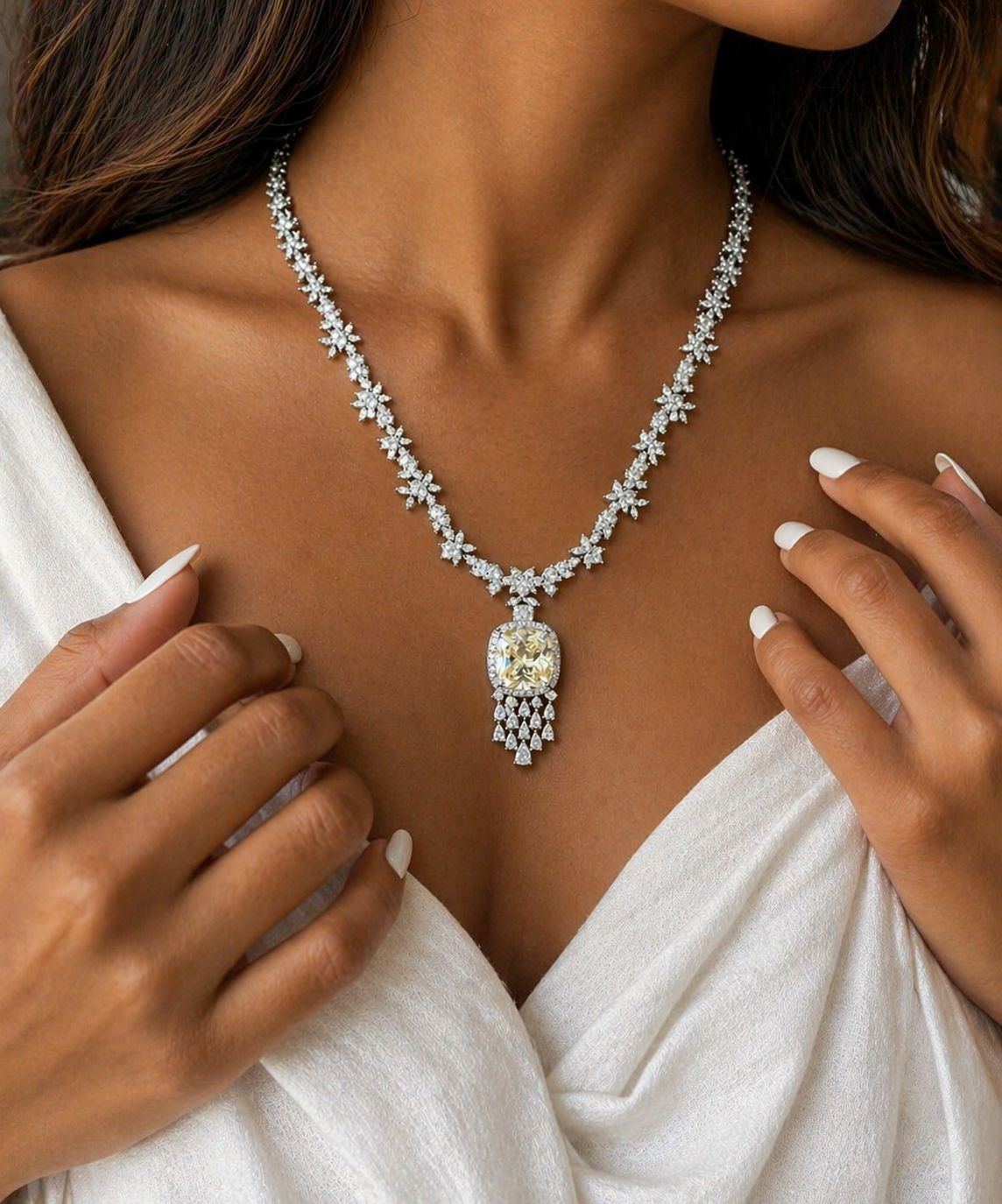 Yellow Cushion and Fancy Diamond Bridal Wedding Necklace Set with Earrings