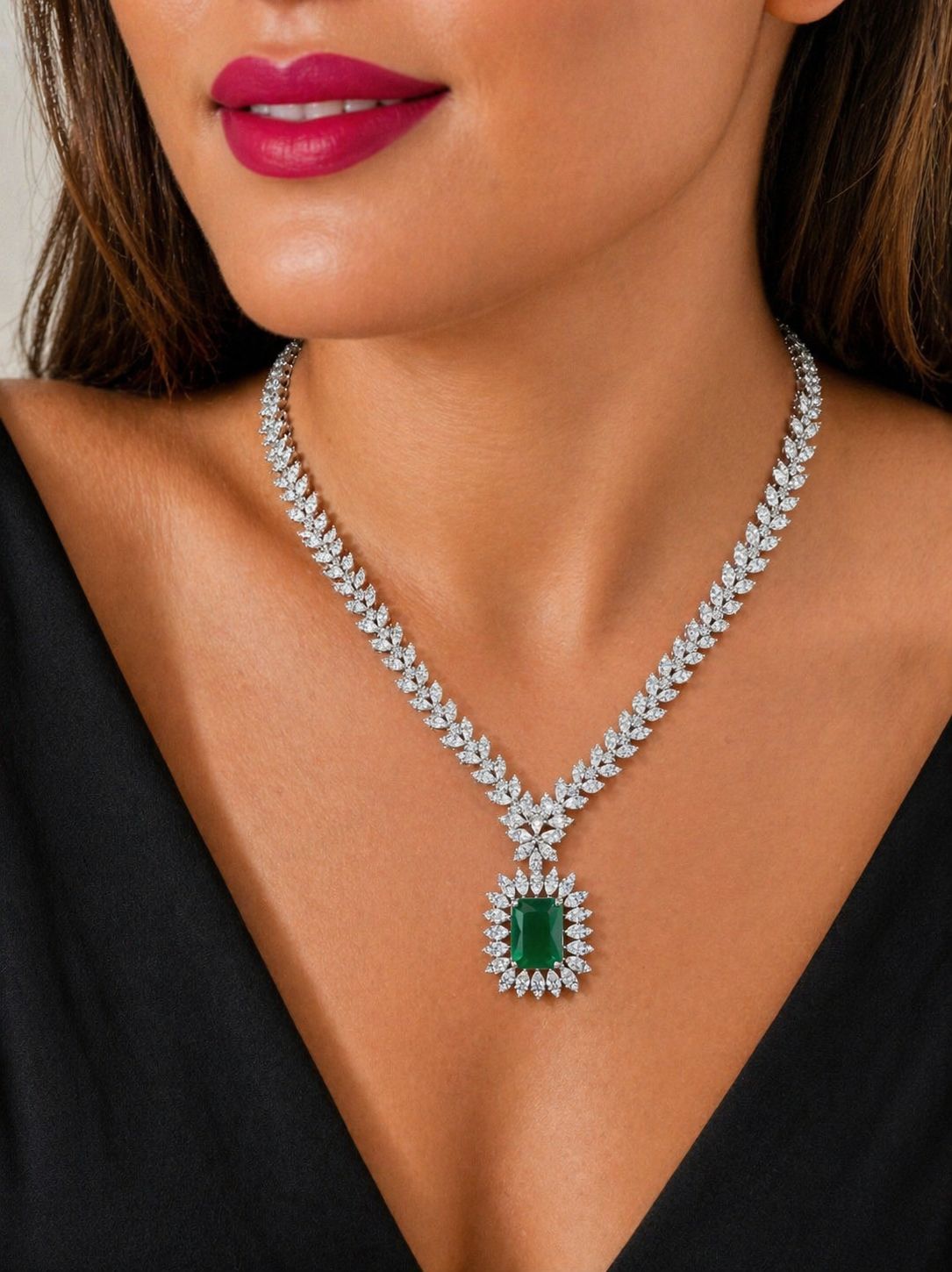 Premium Emerald and Marquise Diamond Monaco Necklace Set with Earrings